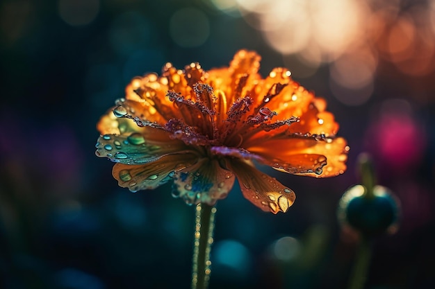 Un fiore con gocce d'acqua su di esso