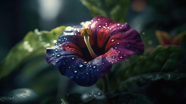 Un fiore con gocce di pioggia su di esso