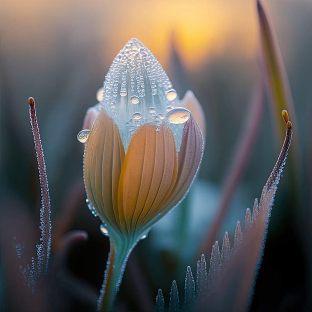 Un fiore con la rugiada sopra e il sole dietro