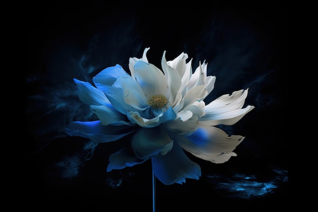 un fiore con petali blu e centri bianchi su sfondo nero