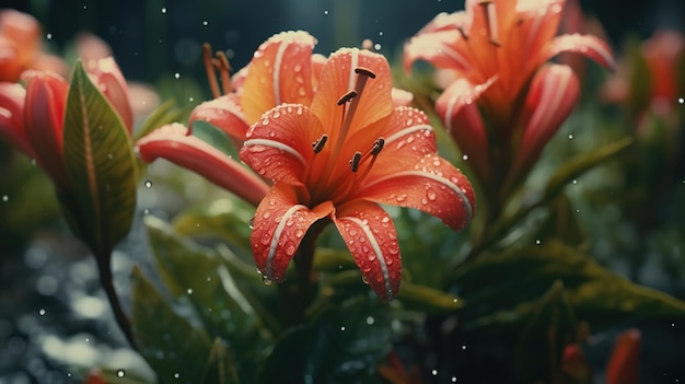 Un fiore con sopra delle gocce di pioggia