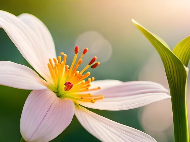 Un fiore con un centro giallo e una foglia verde sullo sfondo