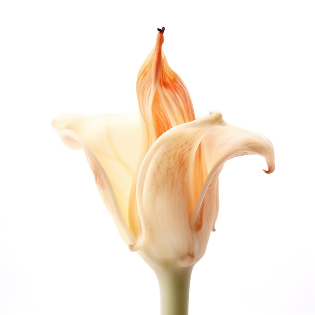 Un fiore con uno sfondo bianco e un fiore giallo e arancione con uno stame rosso.