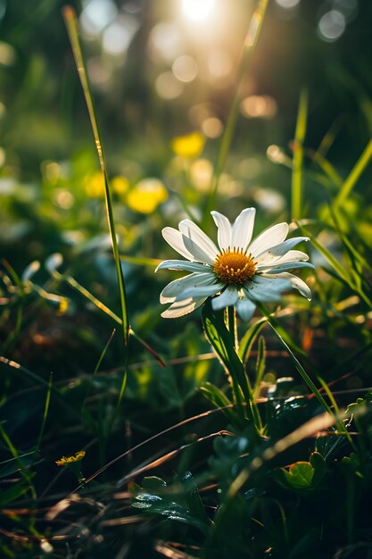 Un fiore con uno sfondo di primavera centrale giallo generato dall'AI