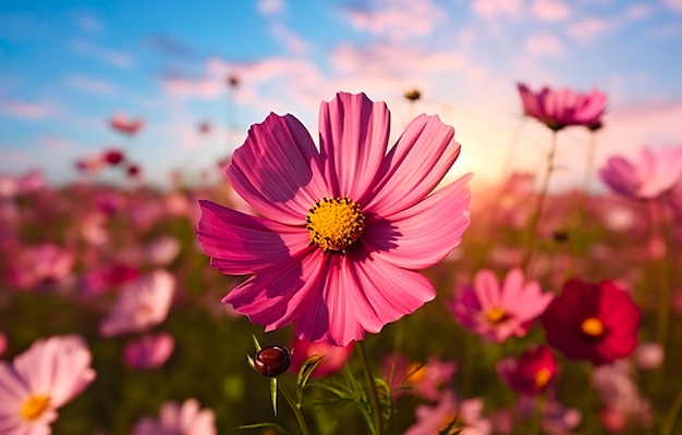 Un fiore cosmo volto all'alba nel campo IA generativa