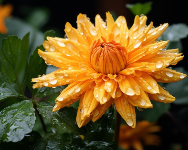 un fiore d'arancio con gocce d'acqua su di esso