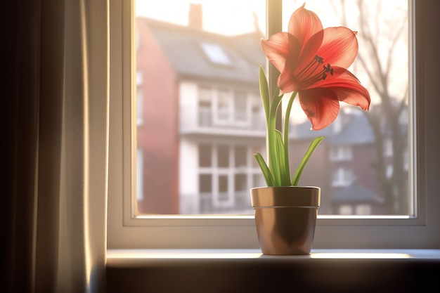 Un fiore di amaryllis sul davanzale della finestra