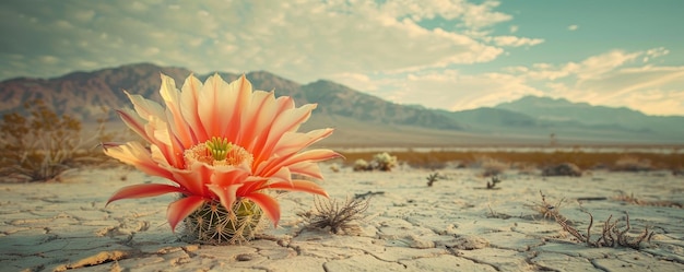 Un fiore di cactus solitario che fiorisce vibrante sullo sfondo arido e arido della distesa