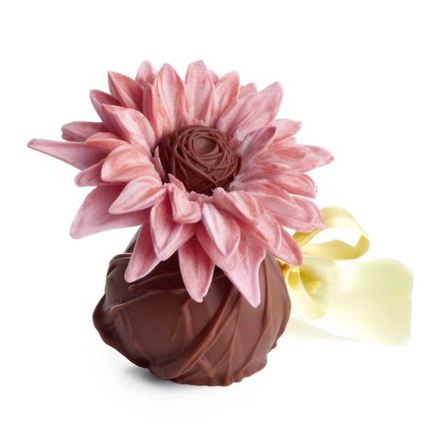 Un fiore di cioccolato è in un vaso con un nastro attorno.