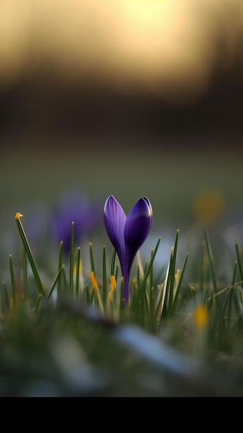 Un fiore di croco viola è in un campo