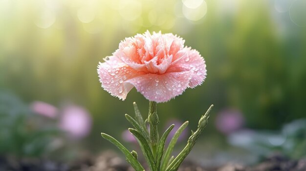 Un fiore di garofano rosa con gocce di pioggia su di esso