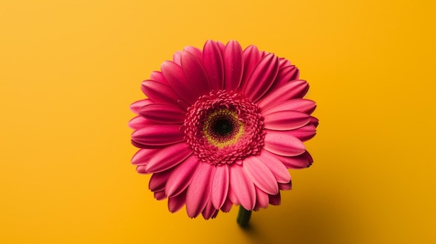 Un fiore di gerbera rosa su sfondo giallo