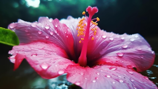 Un fiore di ibisco rosa con gocce d'acqua su di esso