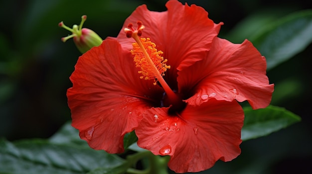 Un fiore di ibisco rosso con un centro giallo.