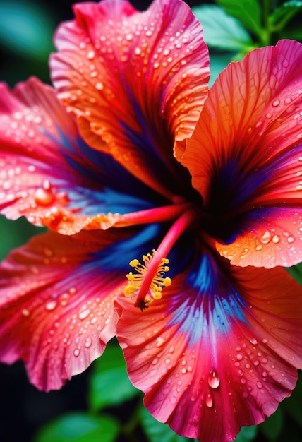 un fiore di ibisco rosso e blu con gocce d'acqua