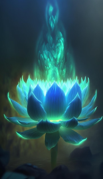 Un fiore di loto blu con una fiamma sul fondo.