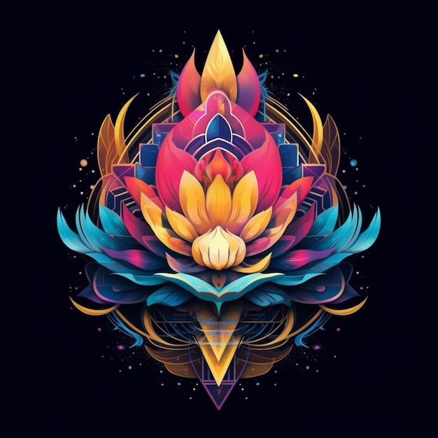 Un fiore di loto colorato con un disegno geometrico su uno sfondo nero ai generativo