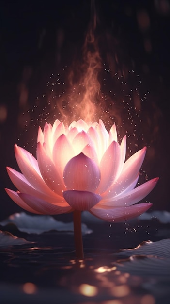 Un fiore di loto con una fiamma sul fondo