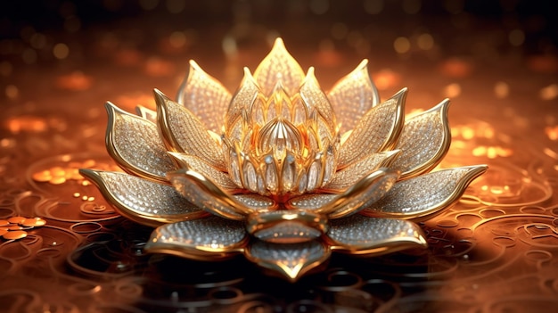 Un fiore di loto dorato si trova su una superficie lucida.