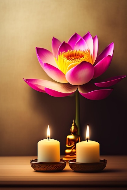 Un fiore di loto è circondato da candele e la parola loto è in basso a destra.