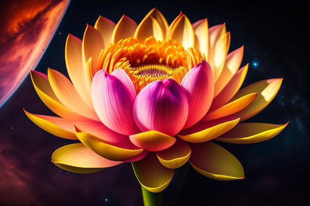 Un fiore di loto rosa con uno sfondo blu