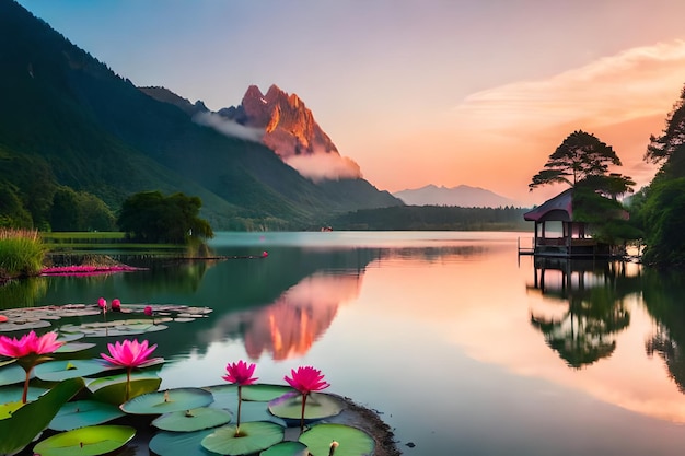 un fiore di loto rosa si trova su un lago con una montagna sullo sfondo