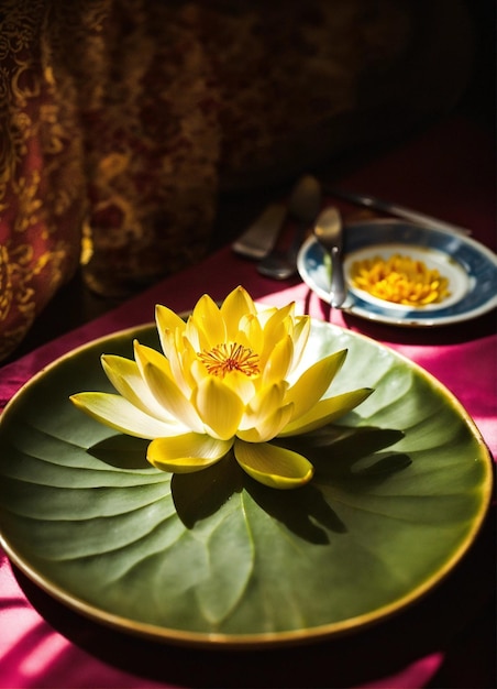 un fiore di loto su un piatto con una forchetta e un coltello sul lato delle ombre delle persone sullo sfondo