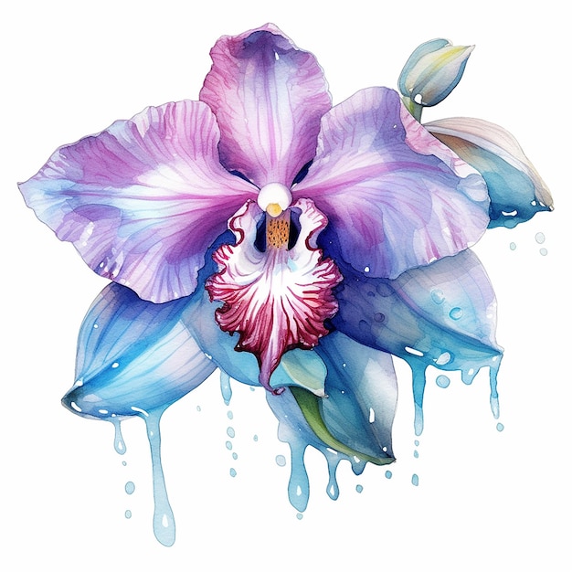 Un fiore di orchidea blu e viola con una goccia d'acqua che gocciola al centro.