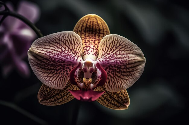 Un fiore di orchidea con gocce d'acqua