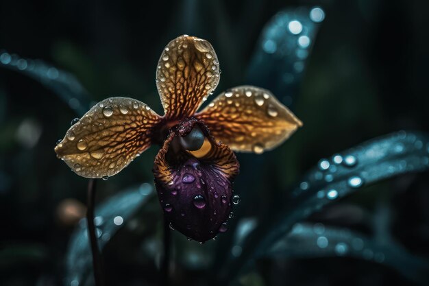 Un fiore di orchidea con gocce d'acqua