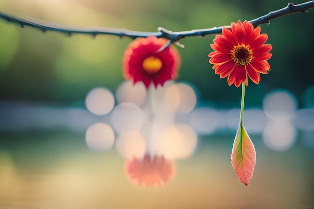 un fiore è appeso a un ramo con il sole che splende su di esso