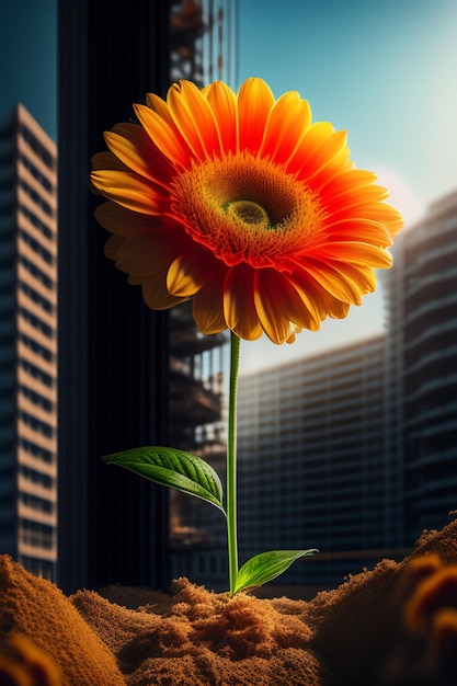 Un fiore è davanti a un edificio su cui splende il sole.