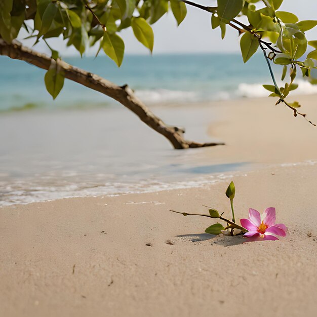 un fiore è sulla spiaggia e l'acqua è blu