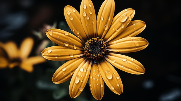 un fiore giallo con gocce d'acqua sopra