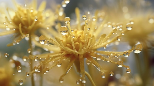 Un fiore giallo con gocce d'acqua su di esso