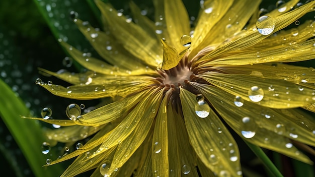 Un fiore giallo con gocce d'acqua su di esso