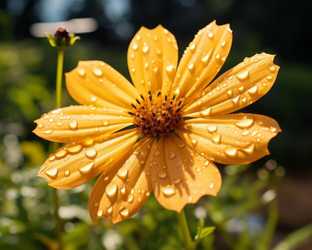 Un fiore giallo con gocce d'acqua su di esso