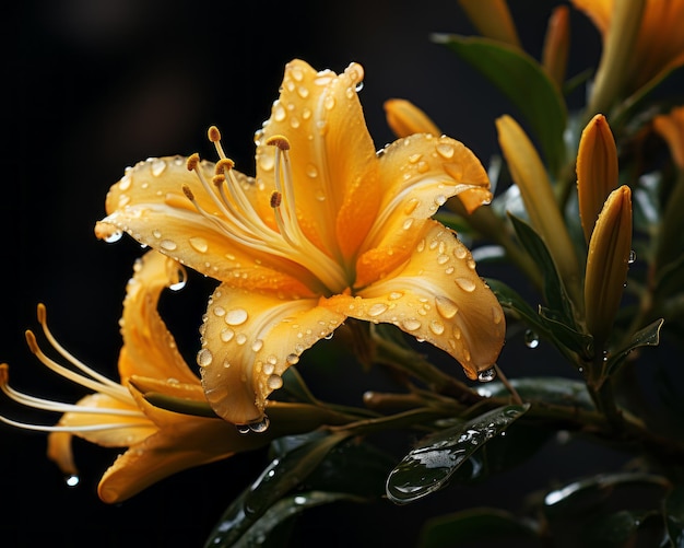 Un fiore giallo con gocce d'acqua su di esso