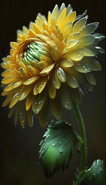 Un fiore giallo con gocce di pioggia su di esso.