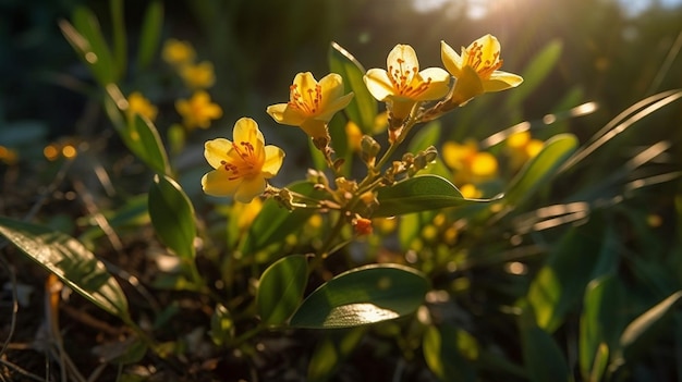 Un fiore giallo con il sole che splende attraverso le foglie