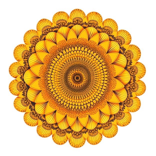 Un fiore giallo con un cerchio di conchiglie.