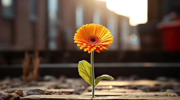 un fiore giallo con un cielo blu e una montagna sullo sfondo