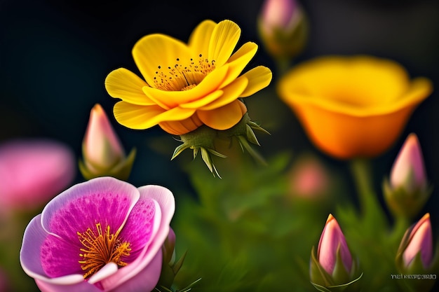 Un fiore giallo è circondato da fiori rosa.