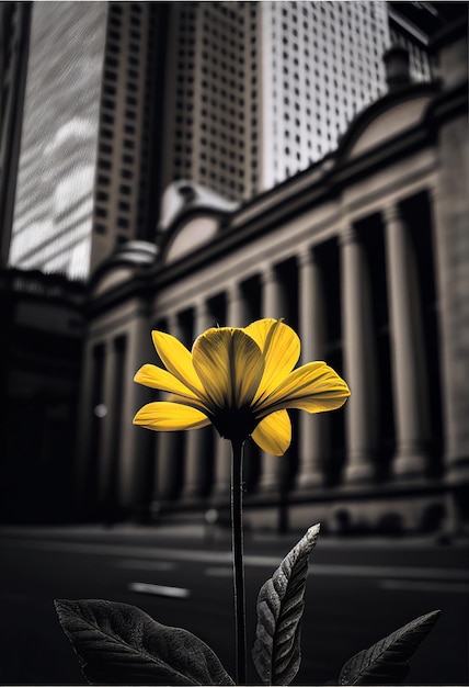 Un fiore giallo si trova di fronte a un edificio nella città di toronto.