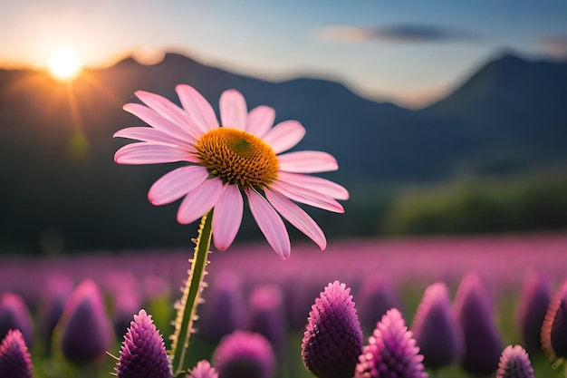 Un fiore in un campo di fiori con una montagna sullo sfondo