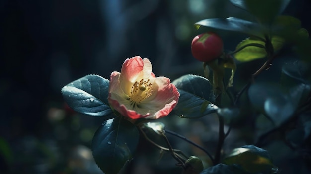 Un fiore in un giardino con un fiore rosso e bianco