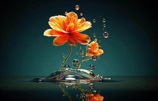 un fiore in un po' d'acqua con sopra un liquido verde e arancione nello stile di Mike Campau