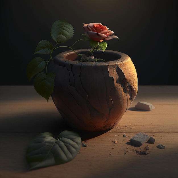 Un fiore in un vaso con uno sfondo scuro