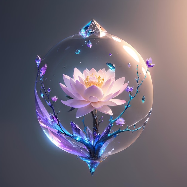 Un fiore in una bolla è mostrato con cristalli viola.