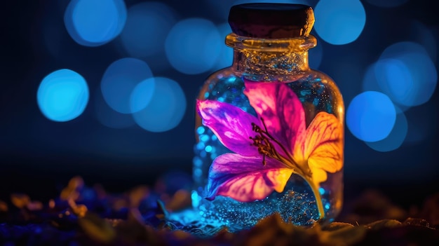 Un fiore in una bottiglia con uno sfondo blu